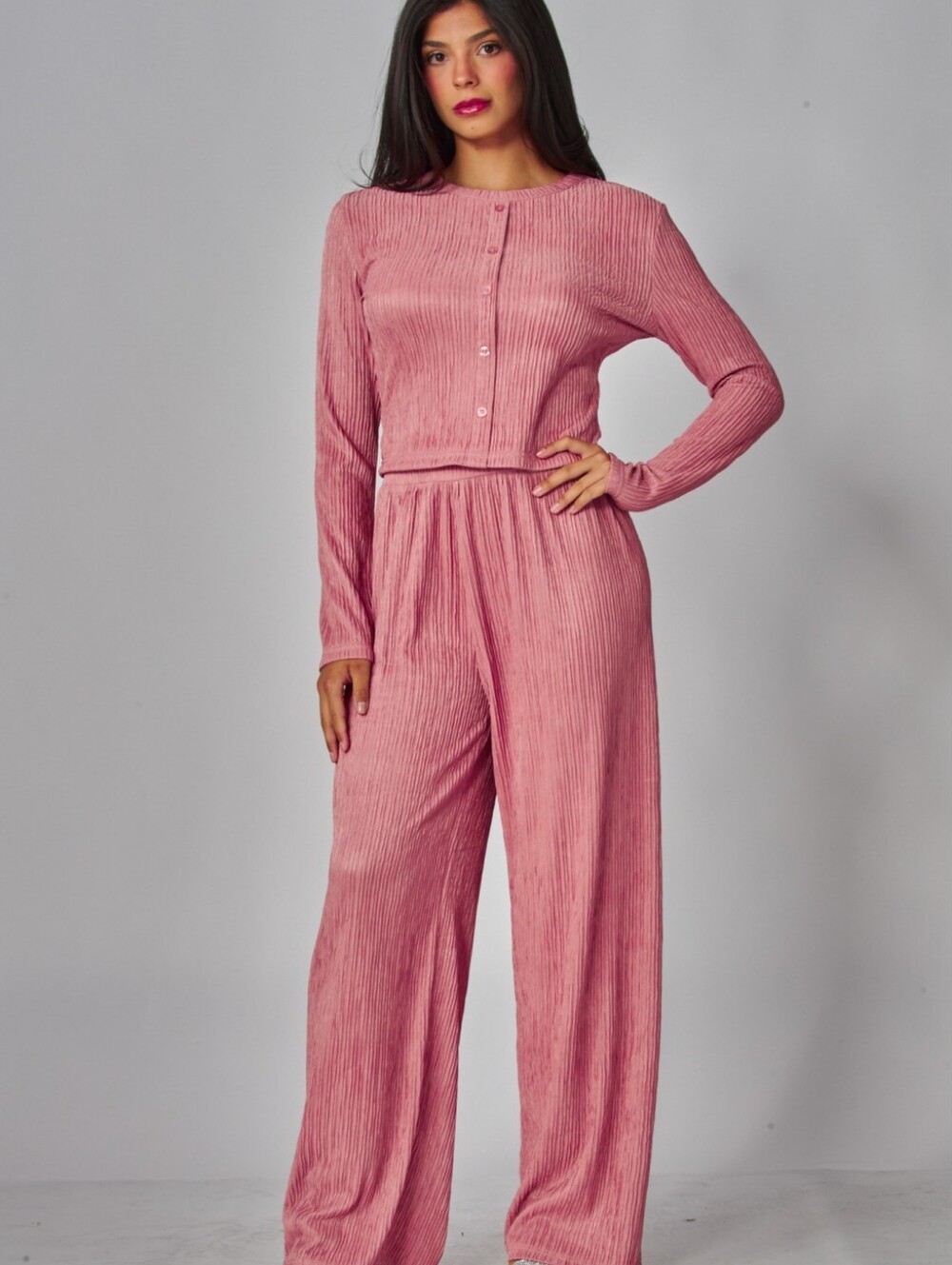 Pink Long Sleeve Crinkle Crop top pantsuit